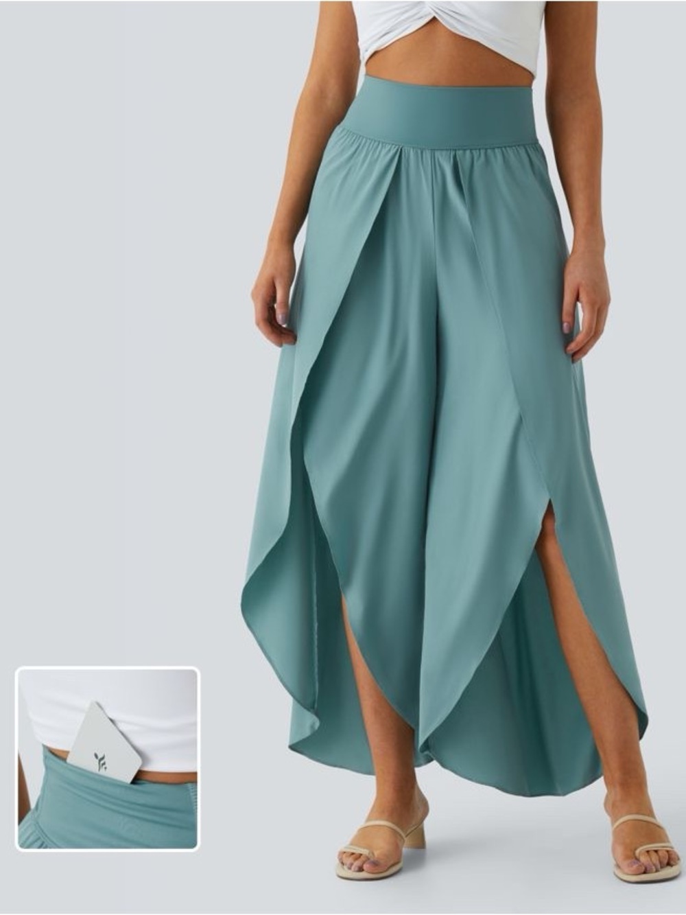 HALARA Teal High-Waist Split-Panel Skirt-Pants